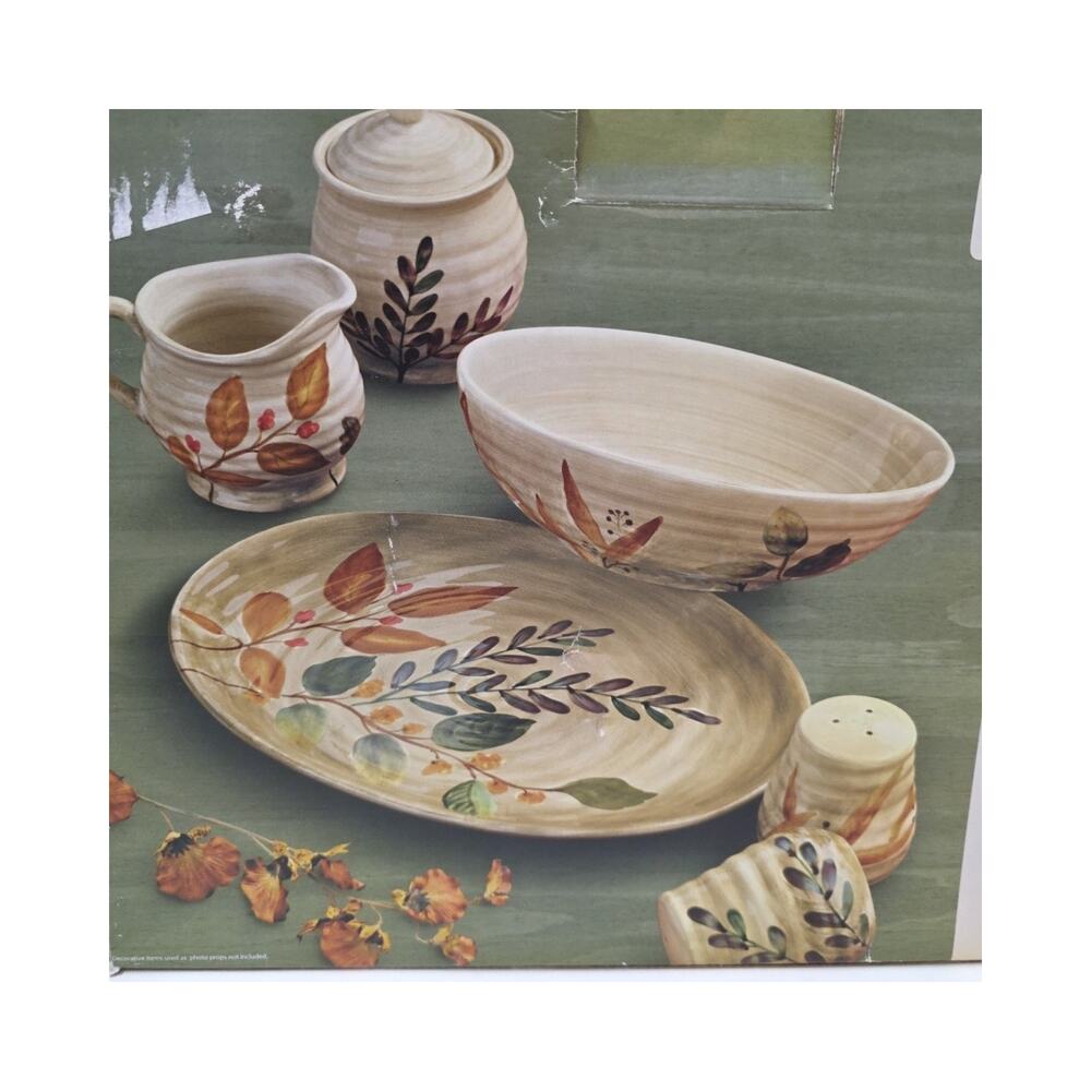 NIB Everyday Gibson 7-Piece~Shadow Wood~Completer Set-Platter/Bowl/Salt-Pepper-+